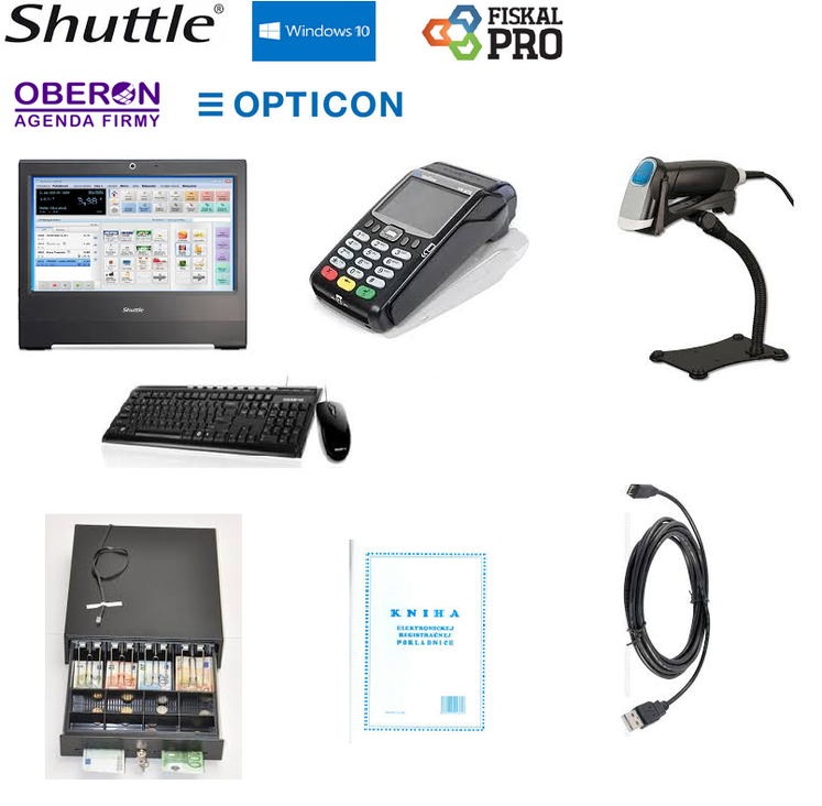 PC POS zostava s Shuttle P20U, fiskalpro VX675, snímačom Opticon, zásuvkou